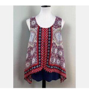 B-Design Sz S Boho Sleeveless Blouse Red White & Blue Print w Blue Tank Insert